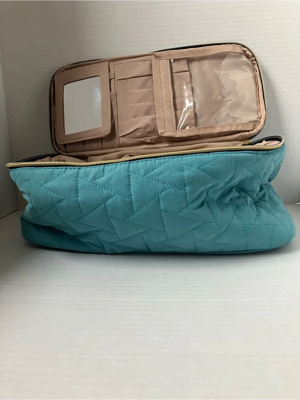 Quilted Teal Cosmetic Travel Case with Gold Zipper Compartments Brush Organizer